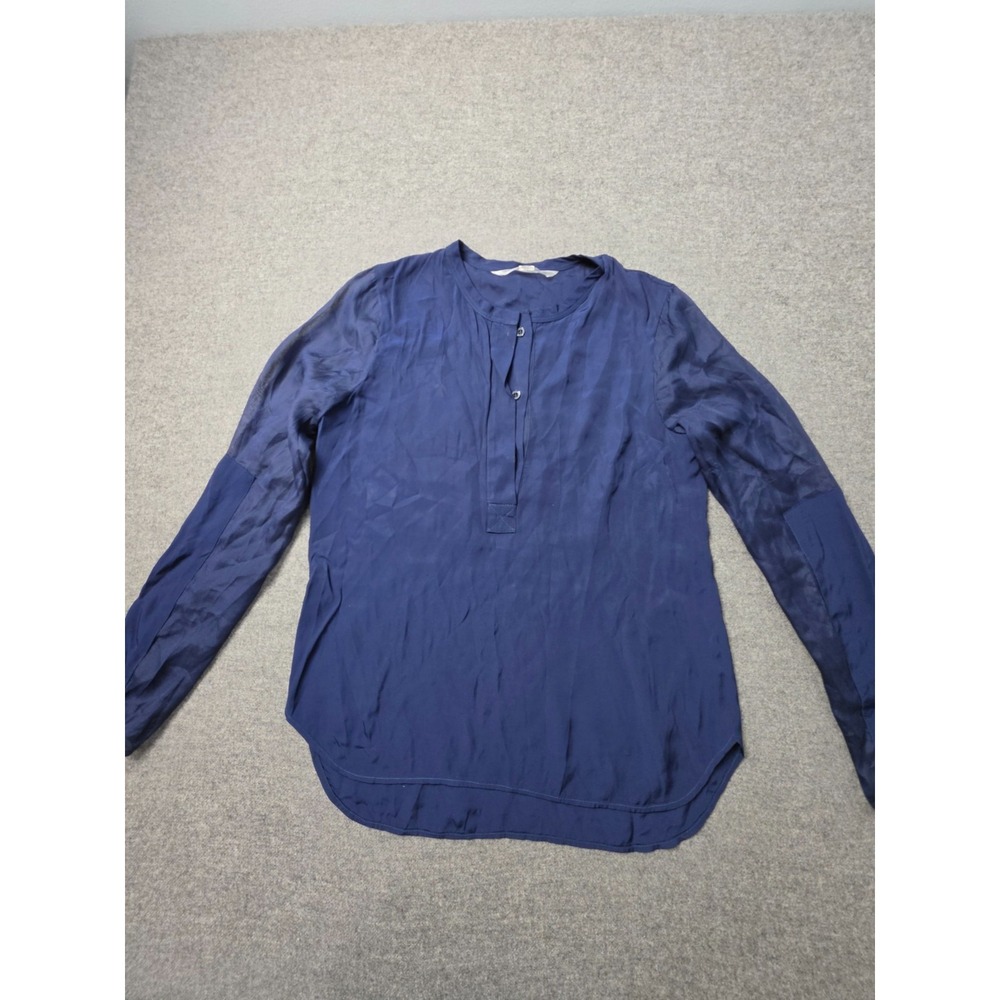 Reed Krakoff Blue Long Sleeve Blouse Women Size Missing Silk Trim High Low Hem